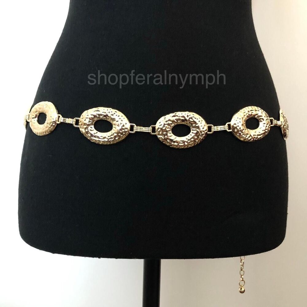 Vintage Y2K Boho Gold Hammered Open Oval Chain Belt, Up to 42.5 Inches, X7GA1146